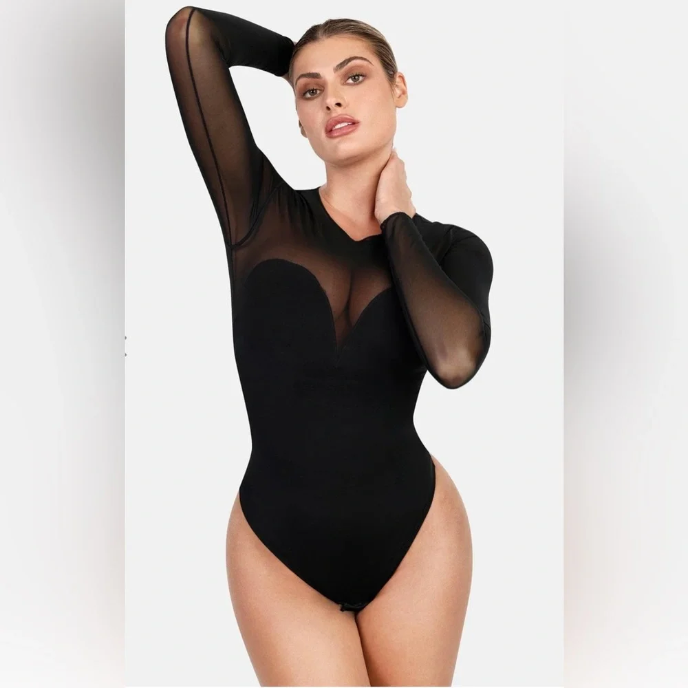 Shapewear Illusion Mesh Long Sleeve Tummy Control Bodysuit - Picture 1 of 7
